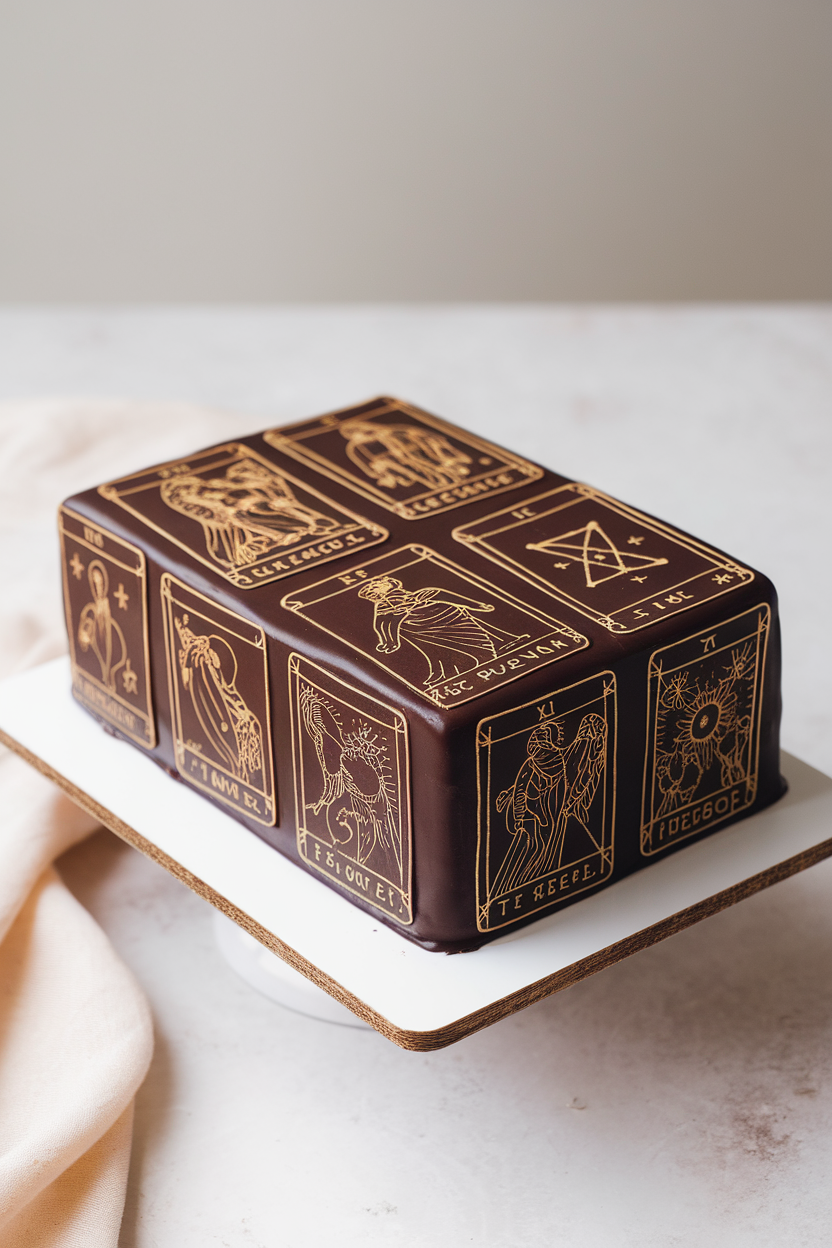 Indoor photo of a rectangular cake iced smooth with tarot card designs painted in edible gold atop dark chocolate ganache. No text or logos.