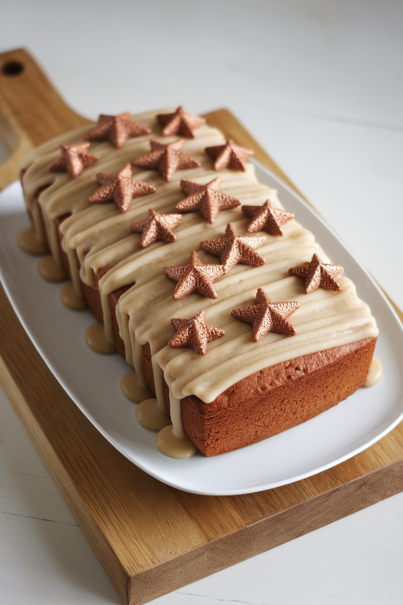 An indoor loaf-pan banana cake frosted lightly with caramel icing and adorned with bronze-colored sugar stars. Photo only, no text or logos.