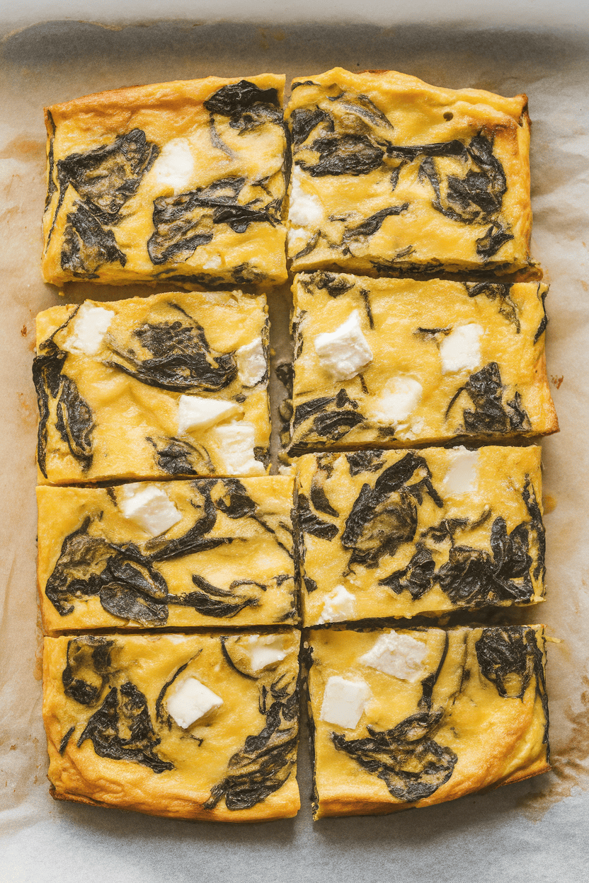 An indoor shot of rectangular frittata pieces with visible spinach ribbons and feta pockets, arranged on parchment. No text or logos.