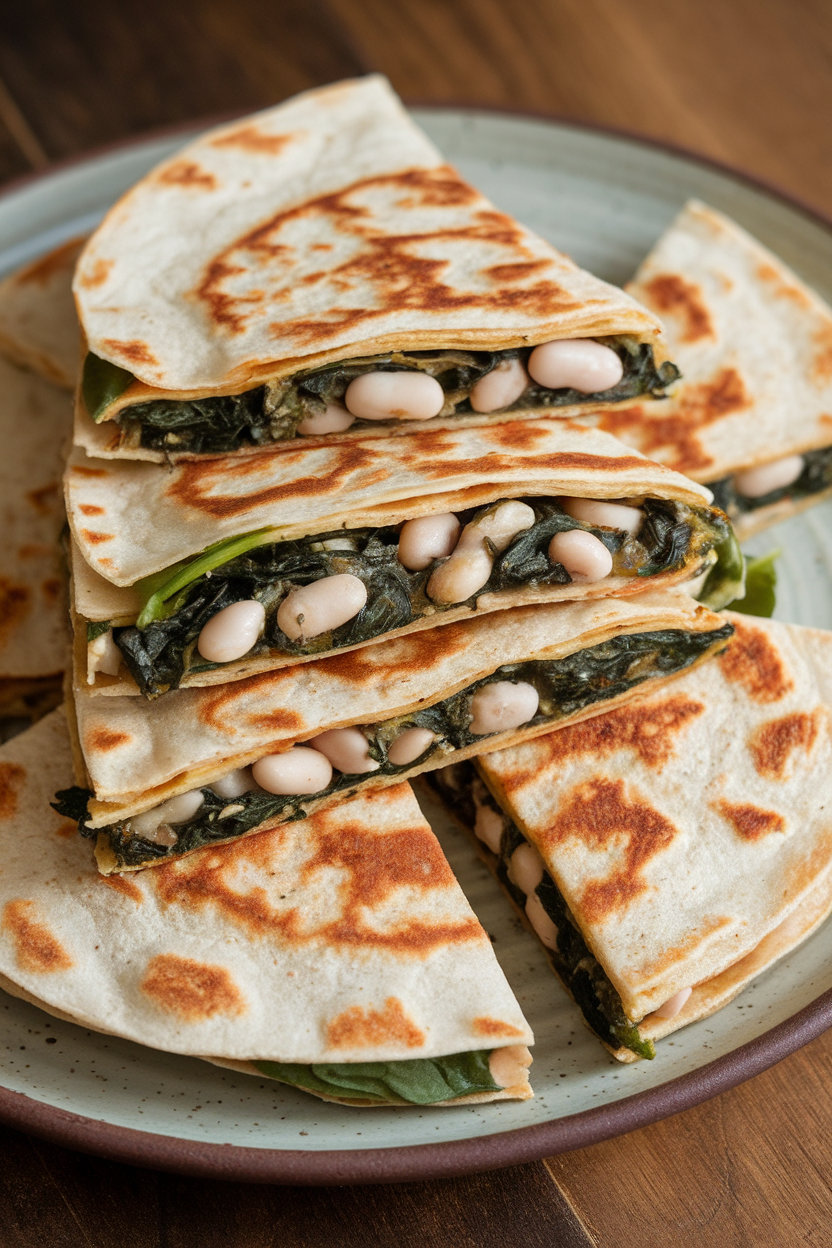 Indoor photo of whole-wheat quesadillas cut into wedges, spinach and white beans visible inside, served on a ceramic plate; no text or logos.