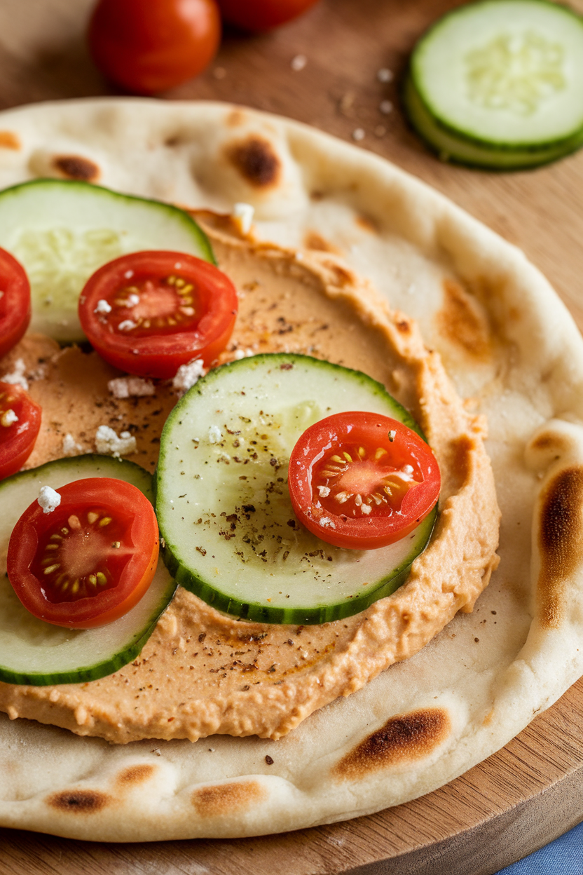 Indoor close-up photo of a warm naan flatbread spread with hummus and topped with cucumber ribbons, cherry tomato halves, and a sprinkle of feta. No text or logos.