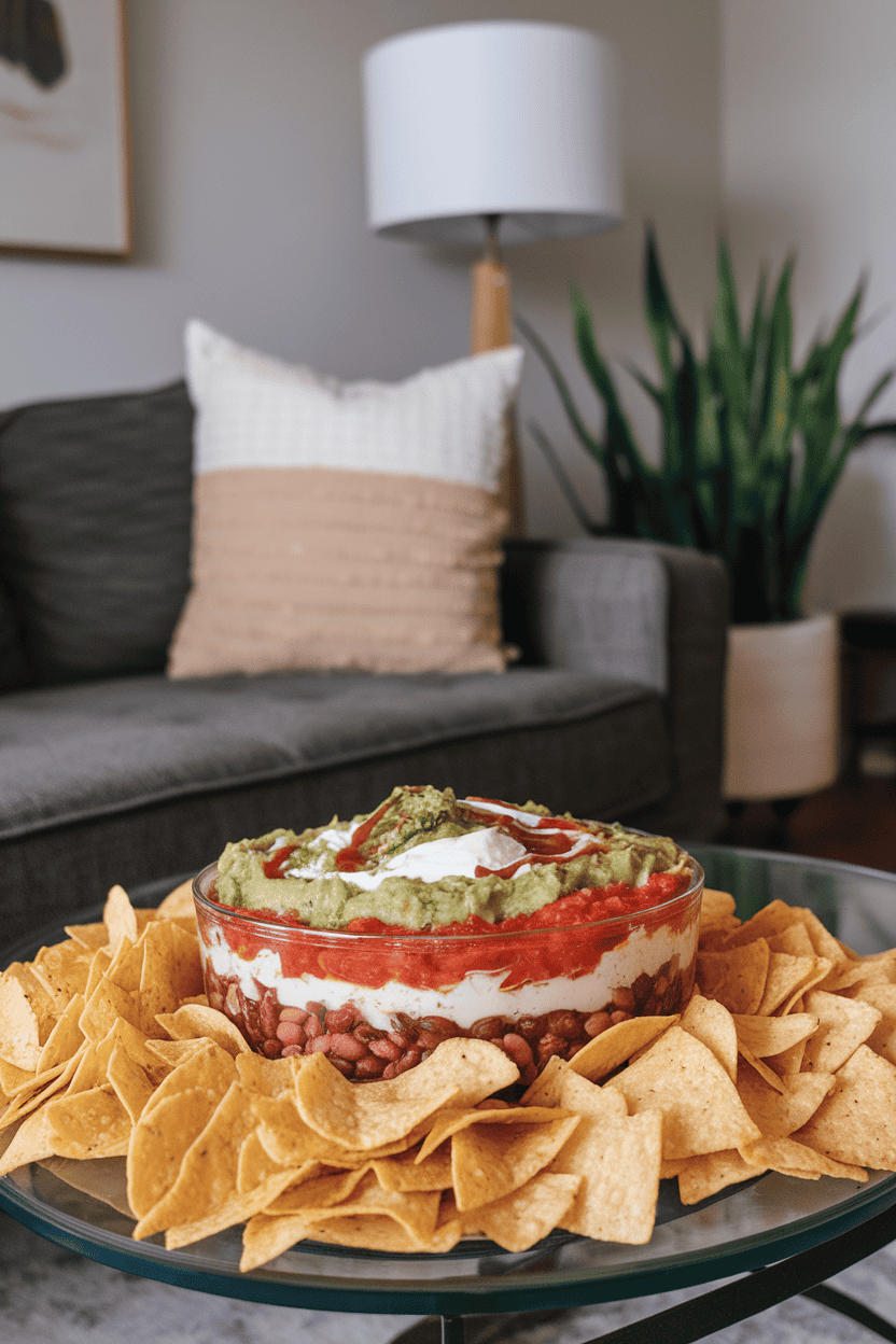 An indoor coffee table set for snacking with a shallow baking dish of layered nacho dip—beans, guacamole, sour cream, salsa, cheese—surrounded by plain tortilla chips. No text or logos; photo only.