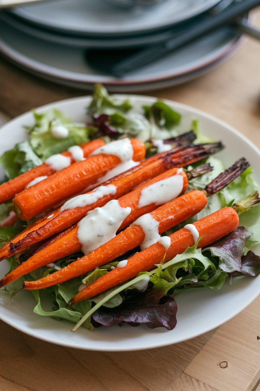 An indoor plate featuring roasted carrot sticks drizzled with creamy tahini dressing over mixed greens. No logos or text, photo style.