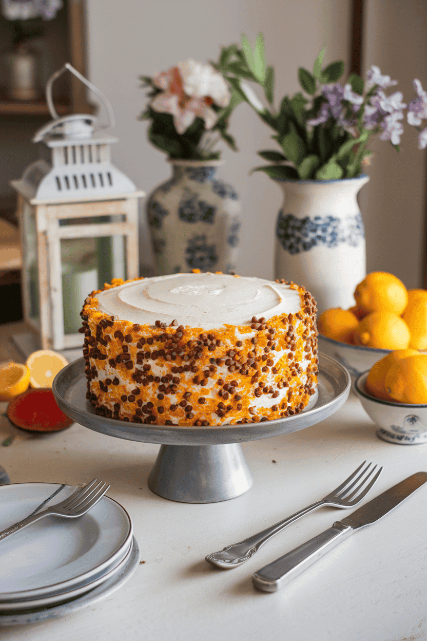 An indoor Italian-style dining table showing a layered cake filled with ricotta-orange cream, sides lightly coated in mini chocolate chips. No text or logos. Photo.