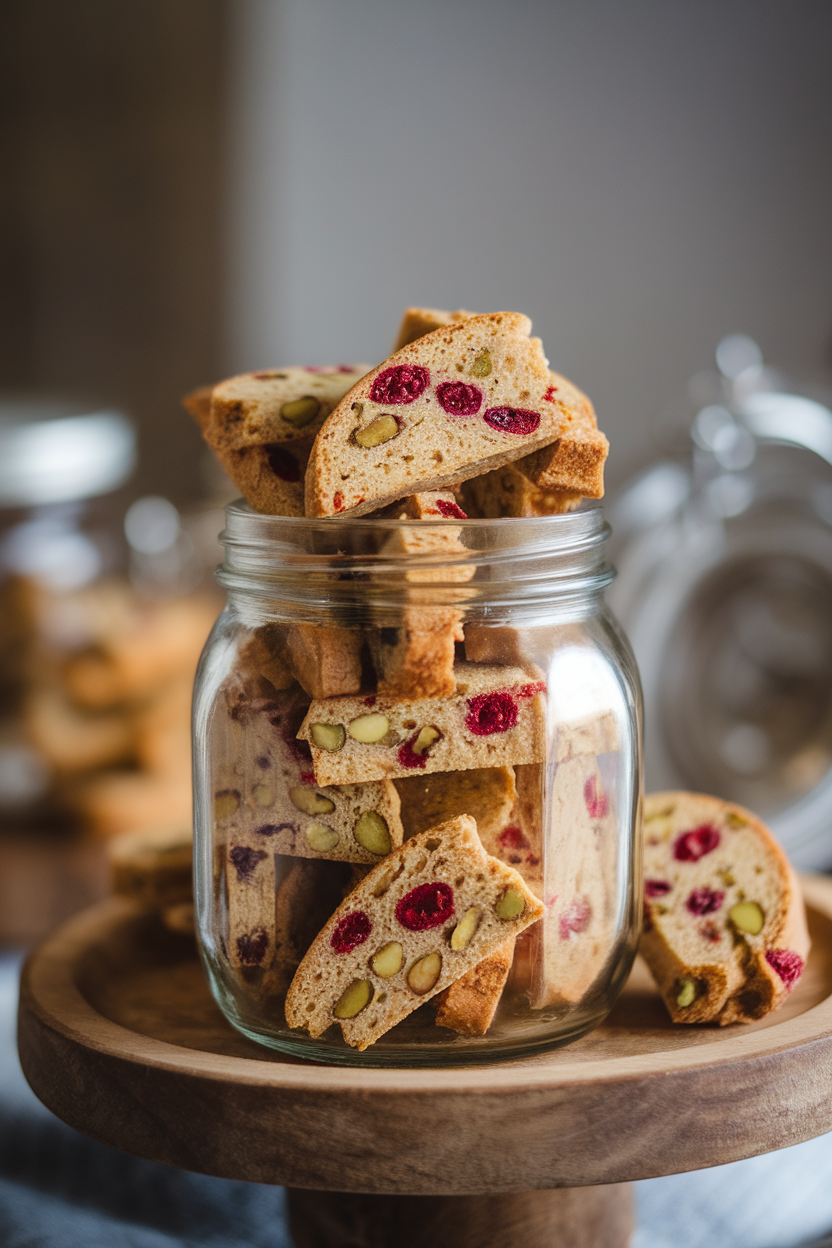 Indoor jar filled with small twice-baked biscotti pieces showing red cranberries and green pistachios. No text or logos. Photo, not illustration.
