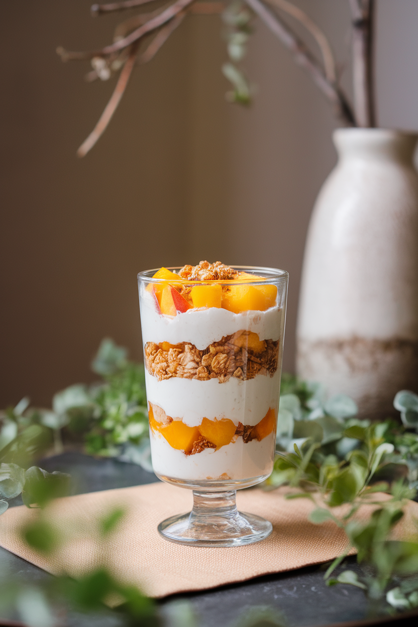 A clear glass parfait cup on an indoor table showing layers of coconut yogurt, maple-kissed granola, and diced peaches. Photo only, no text or logos.