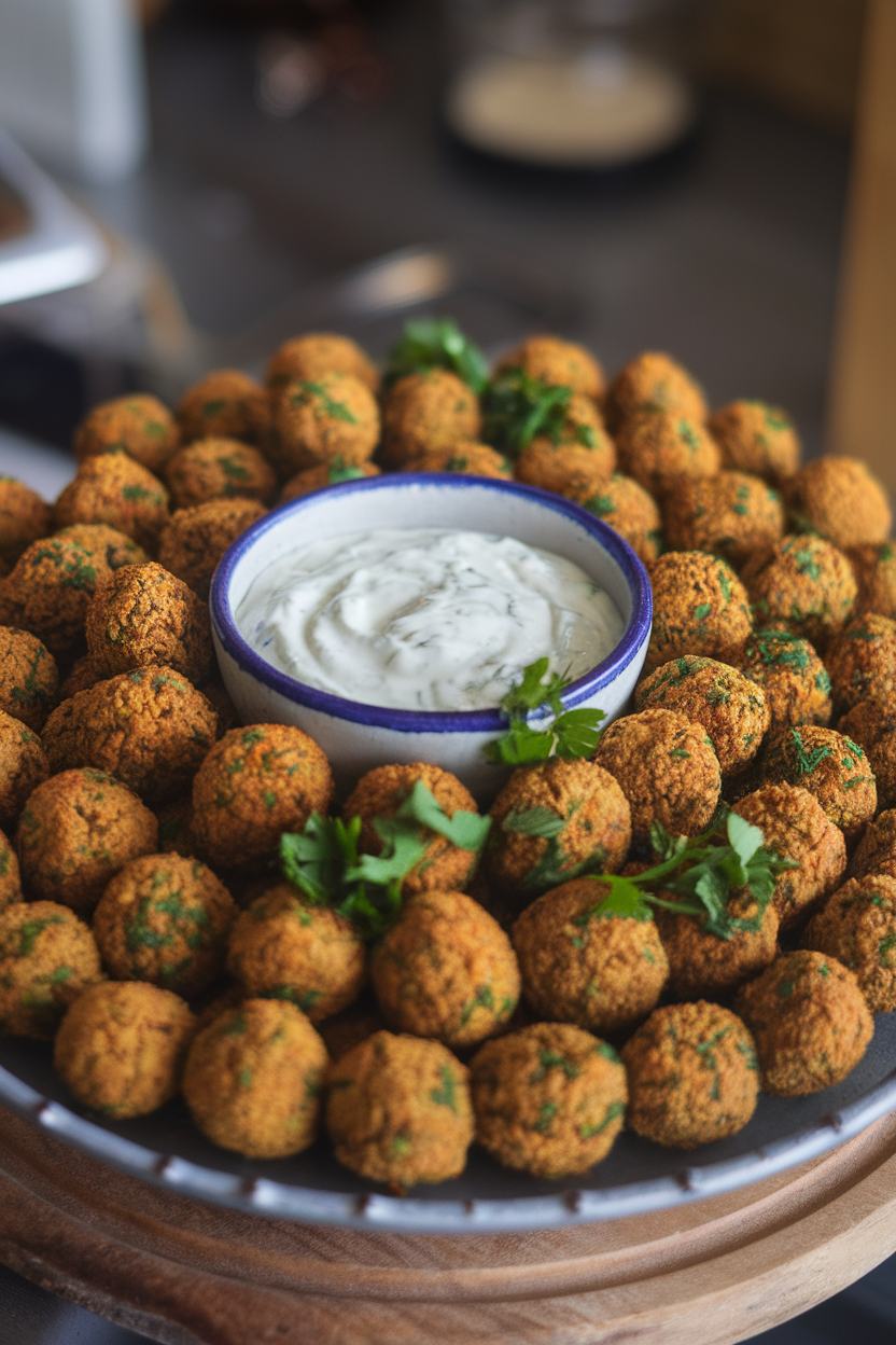 An indoor platter featuring small golden falafel balls with a bowl of creamy tzatziki in the center. No text or logos. Photo only.