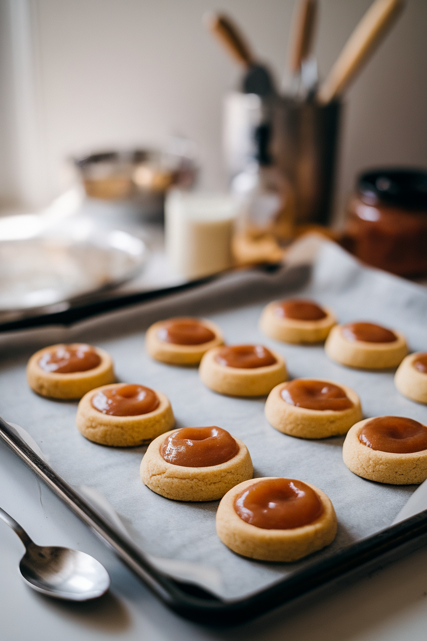 A parchment-lined baking sheet indoors with thumbprint cookies filled with glossy apple butter, spoon resting beside. No logos or text. Photo, not illustration.