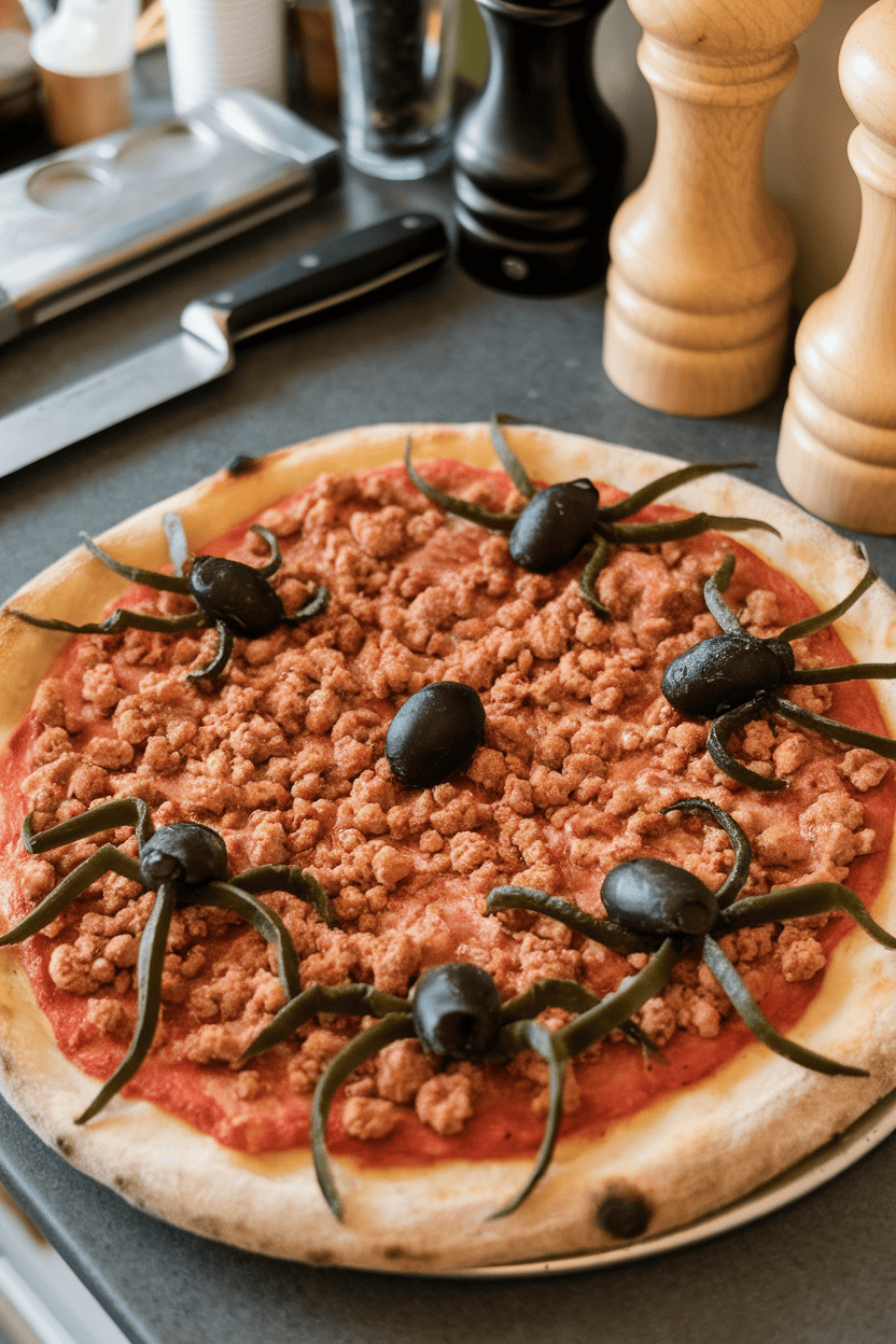 An indoor countertop view of a pizza covered in sausage crumble and black-olive “spiders” with thin pepper strips as legs. No text or logos.
