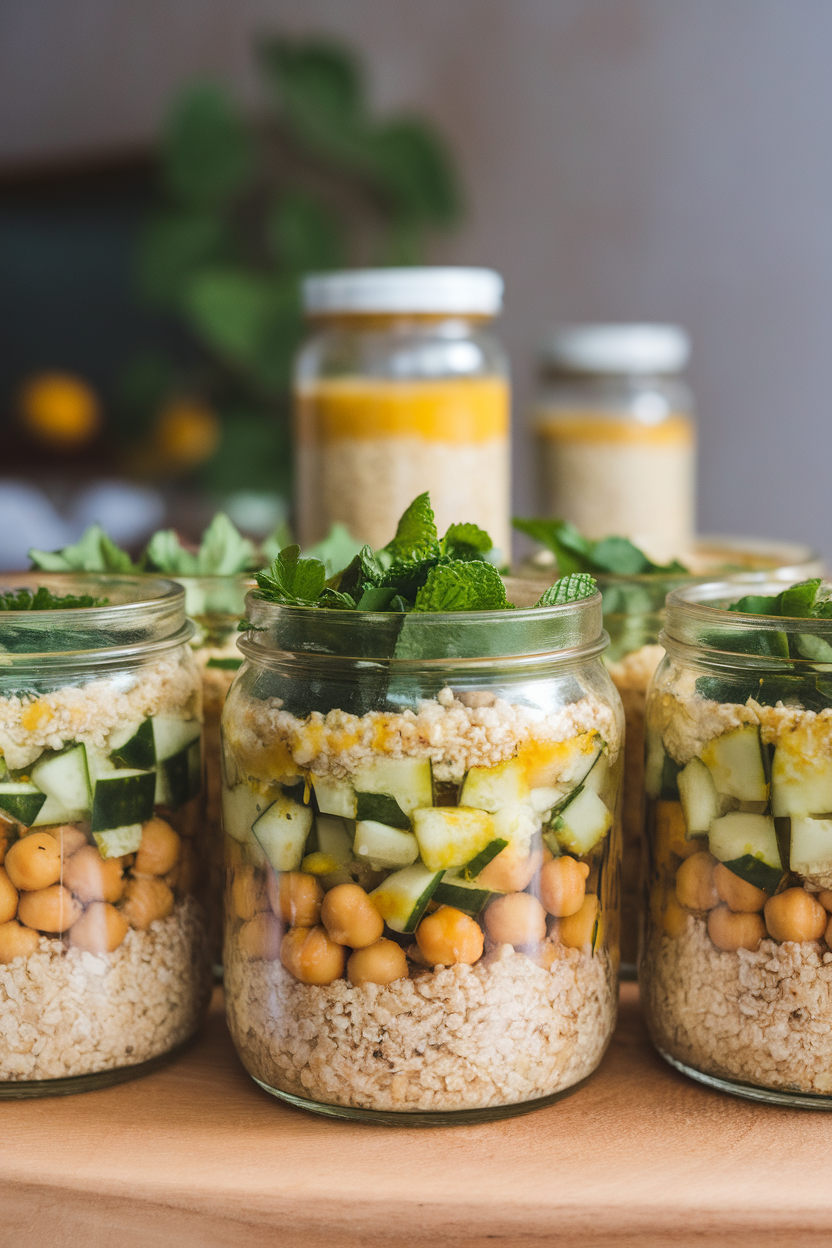 An indoor photo of layered glass jars filled with bulgur wheat, diced cucumbers, chickpeas, parsley, mint, and a drizzle of lemon vinaigrette, shot from a 45-degree angle. No text, no logos.