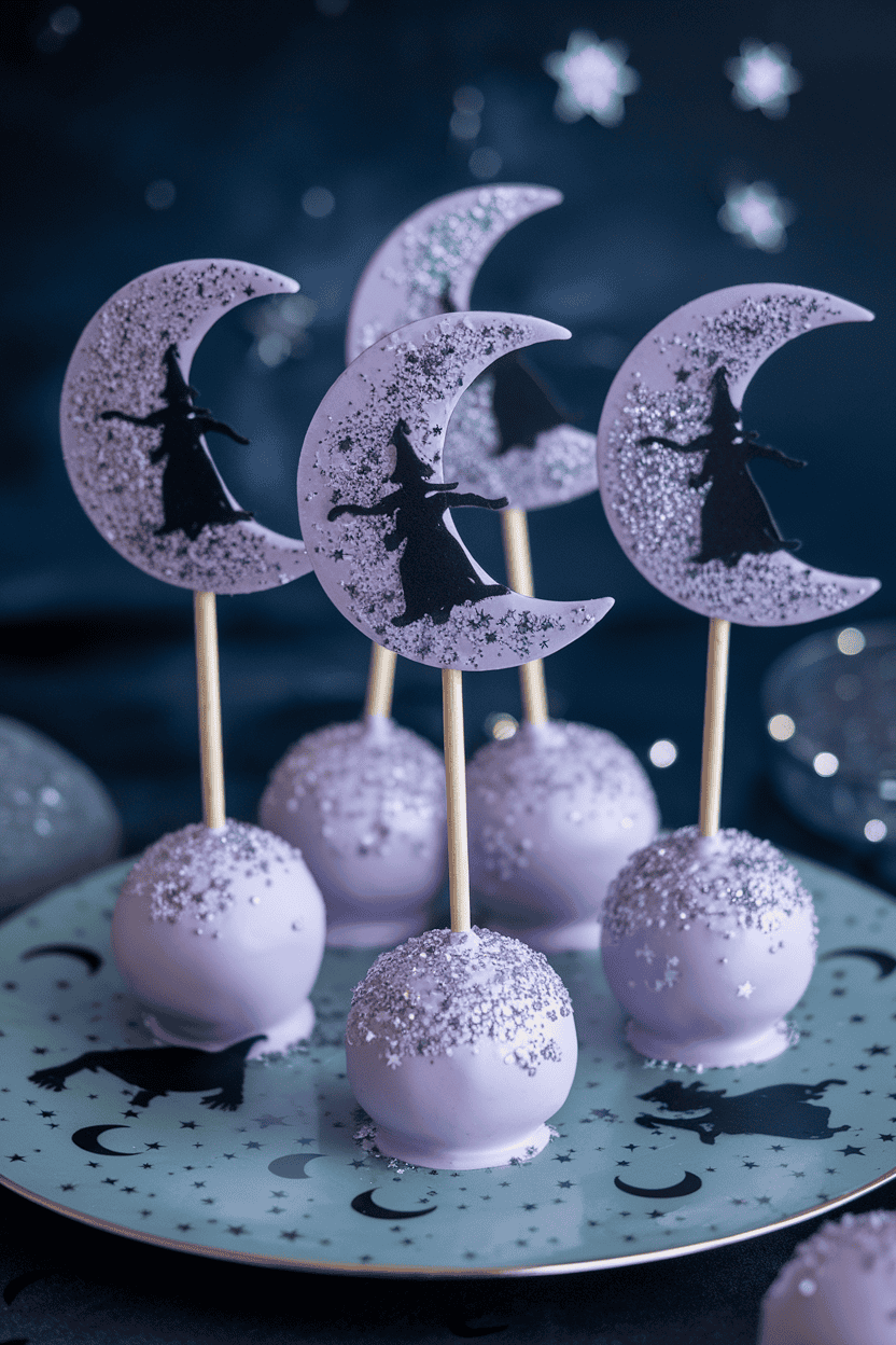 Pale lavender cake pops with edible silver moon dust and tiny black witch silhouette sprinkles, indoors on a celestial plate; no logos or text. Photo.