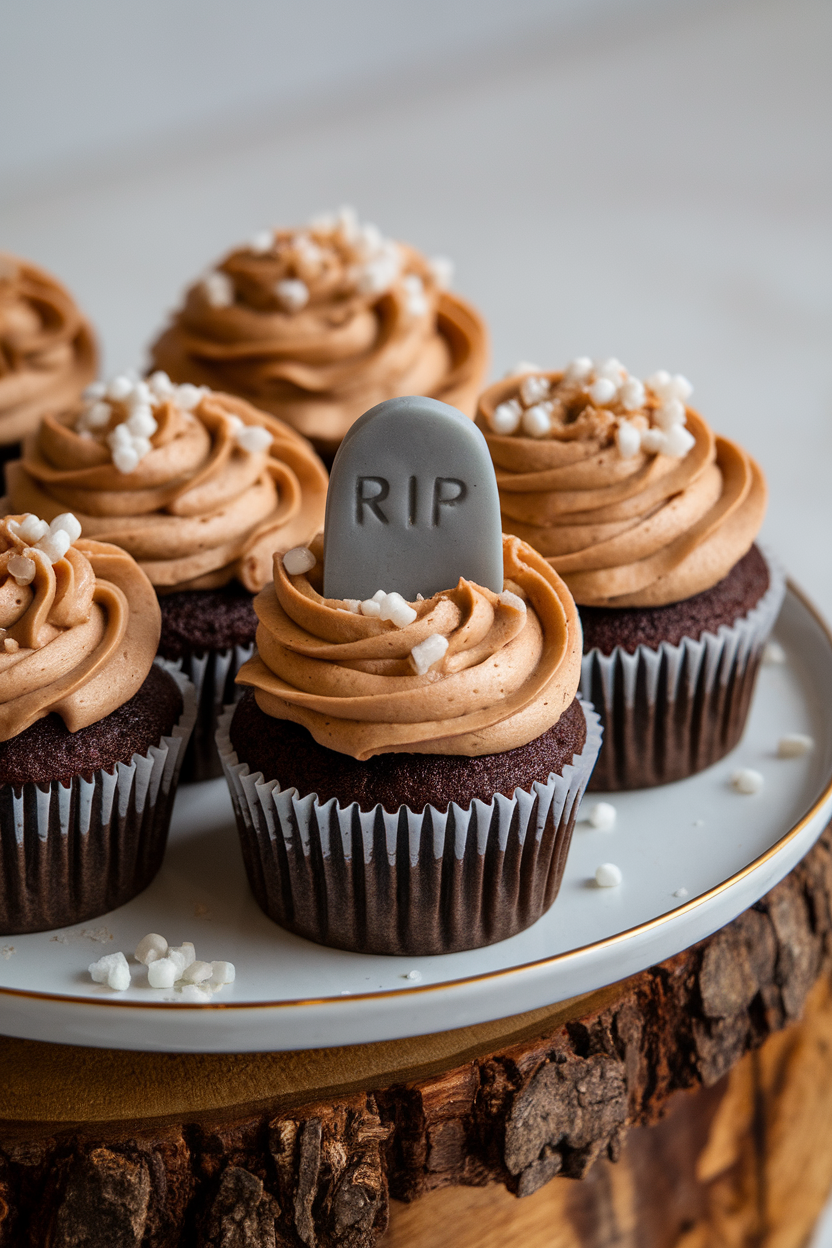 An indoor dessert plate featuring chocolate cupcakes with salted toffee buttercream, a small gray fondant tombstone marked “RIP,” no text or logos.