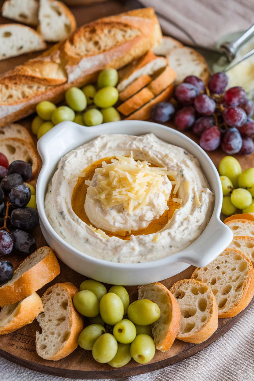 An indoor appetizer spread featuring a white porcelain bowl of creamy off-white garlic parmesan dip, topped with shredded Parmesan snow. Photo, no text or logos.