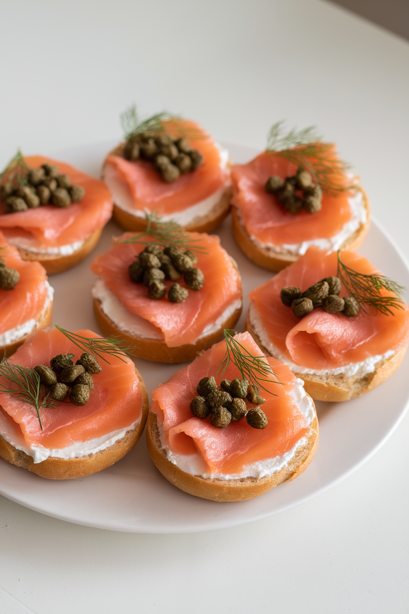 Photo of an indoor plate featuring mini bagel halves topped with cream cheese, smoked salmon, capers, and dill. No text or logos.