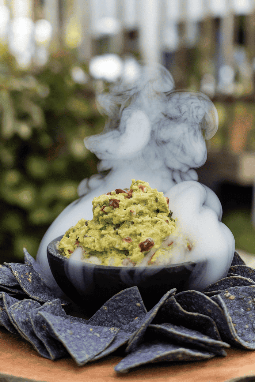 An indoor table scene featuring a black bowl overflowing with chunky guacamole, smoke-like dry ice mist curling around it, surrounded by blue corn tortilla chips. No text or logos; photo only.