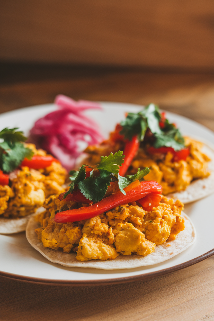 A warmly lit indoor shot of small corn tortillas filled with golden tofu scramble, sautéed peppers, and a sprinkle of cilantro. No logos or text in scene.