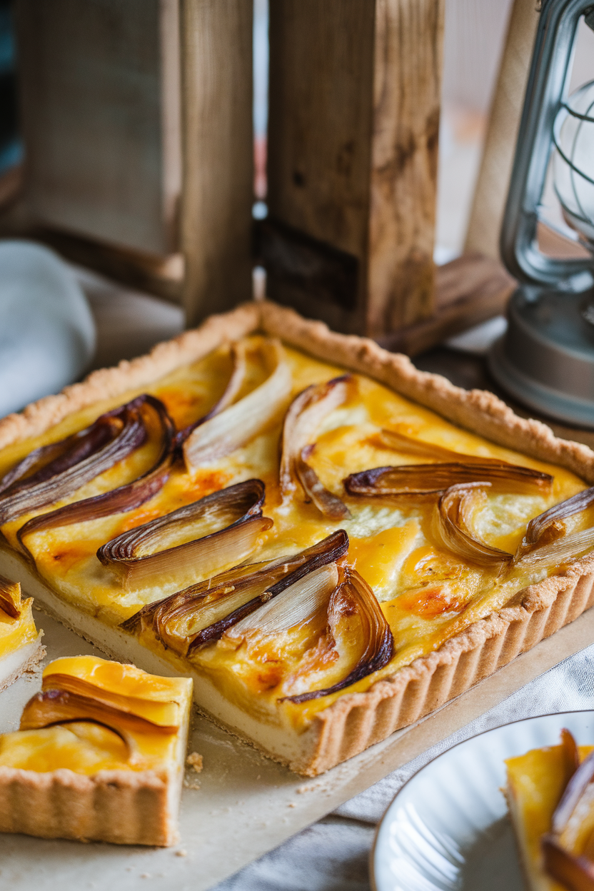 A golden rectangular tart indoors topped with caramelized leeks and Gruyère cheese, slices cut for serving; no text or logos. Photo only.