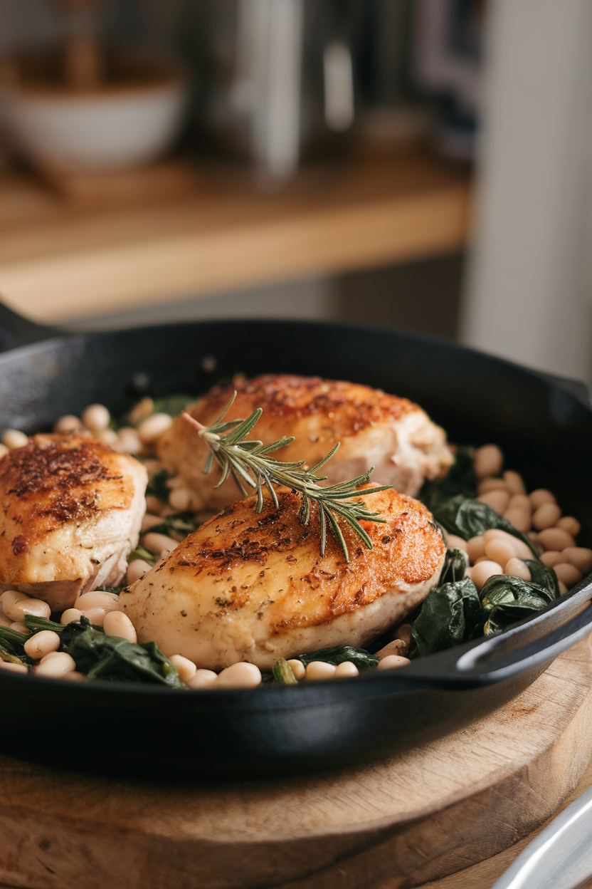 Indoor photo of skillet garlic-rosemary chicken with white beans and spinach, served rustic-style; cozy lighting, no text or logos