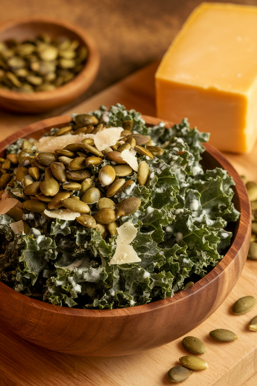 Indoor photo of dark green kale leaves coated in Caesar dressing, sprinkled with roasted pumpkin seeds and shaved Pecorino, in a wooden salad bowl; warm indoor lighting, no text or logos.