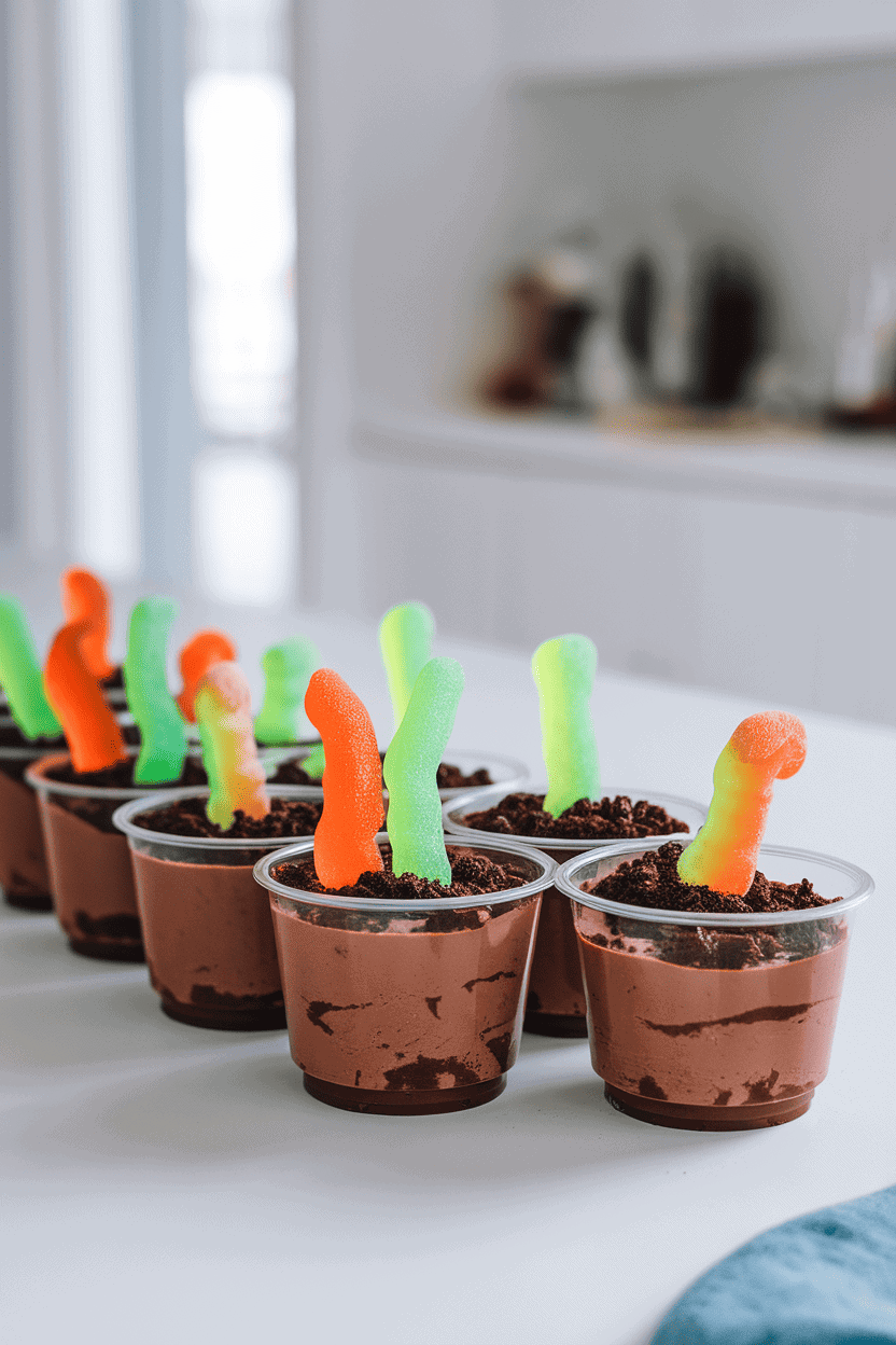 Indoor countertop shot of individual plastic cups layered with chocolate pudding, crushed cookies, and gummy worms emerging from the “soil.” Photo only; no logos.