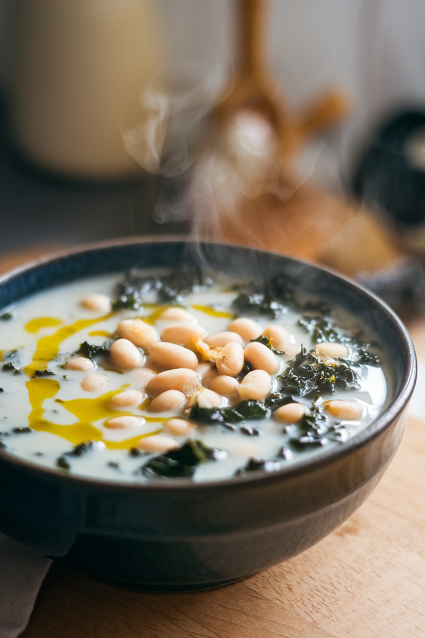 Photo of a steaming bowl of white bean and kale soup indoors, drizzle of olive oil on top; no text or logos.