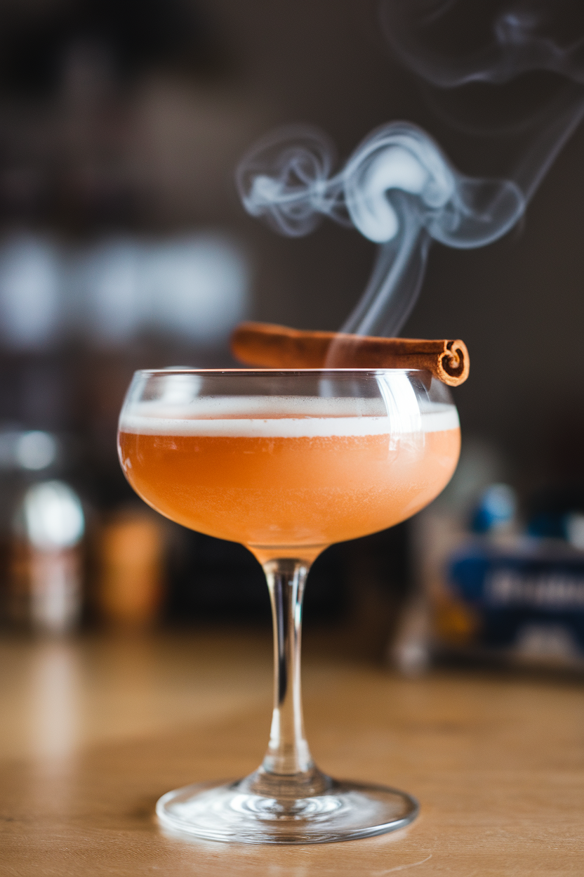 Photo of a coupe glass indoors, filled with pale orange smoked cinnamon mezcal sour, cinnamon stick smoke curling above. No text or logos.