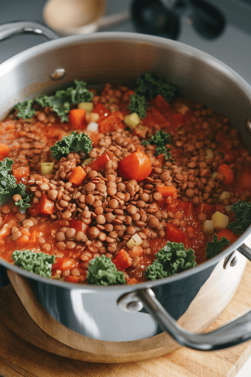 An indoor soup pot filled with hearty lentil and tomato stew, kale leaves peeking through the surface. No branding visible.