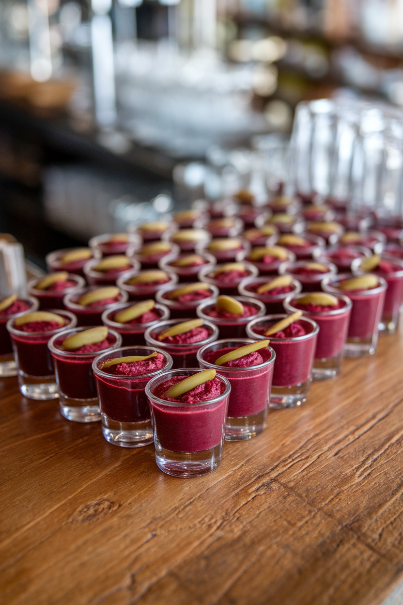 A wooden indoor bar top lined with small clear shot glasses filled with deep crimson beet hummus and topped with a single olive slice. No text or logos visible. Photo, not illustration.