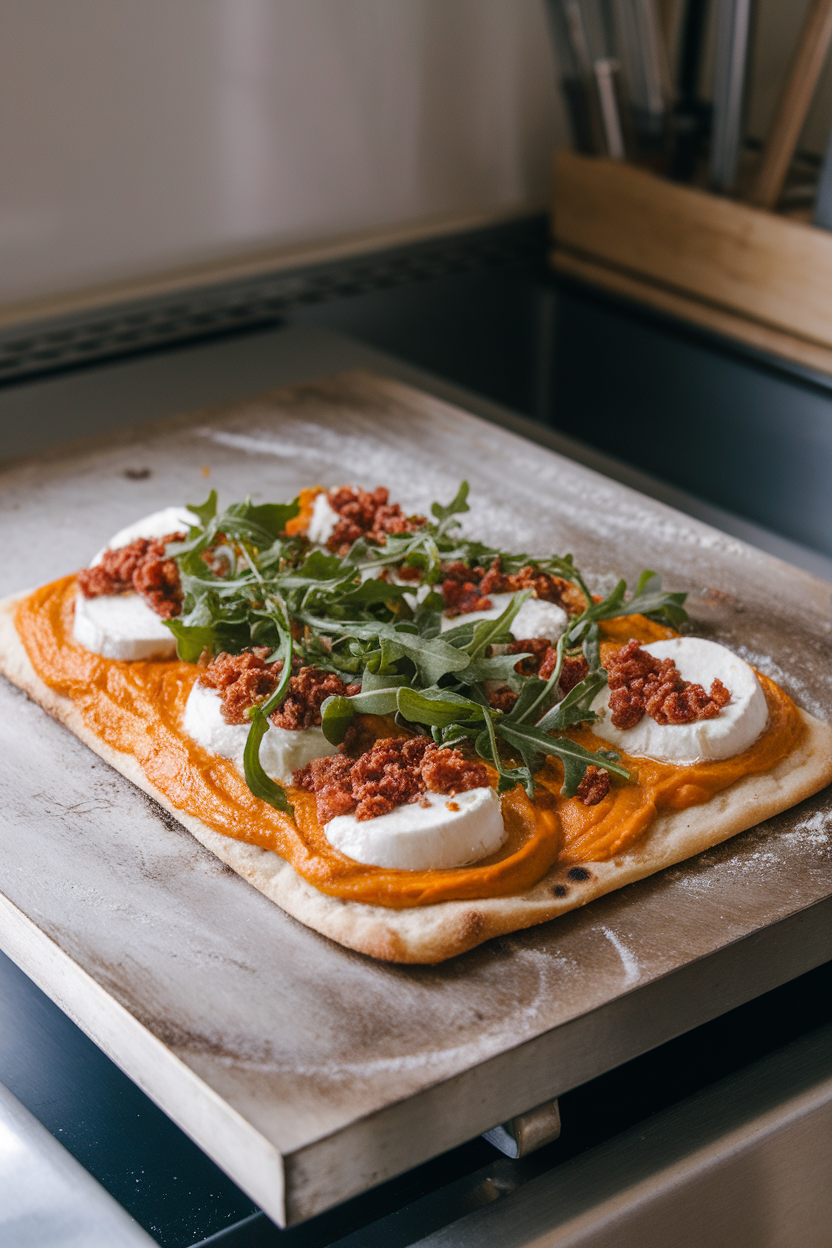 An indoor pizza stone displaying rectangular flatbread topped with pumpkin puree, smoked mozzarella, and bacon crumble, fresh arugula scattered after baking. No text or logos. Photo, not illustration.