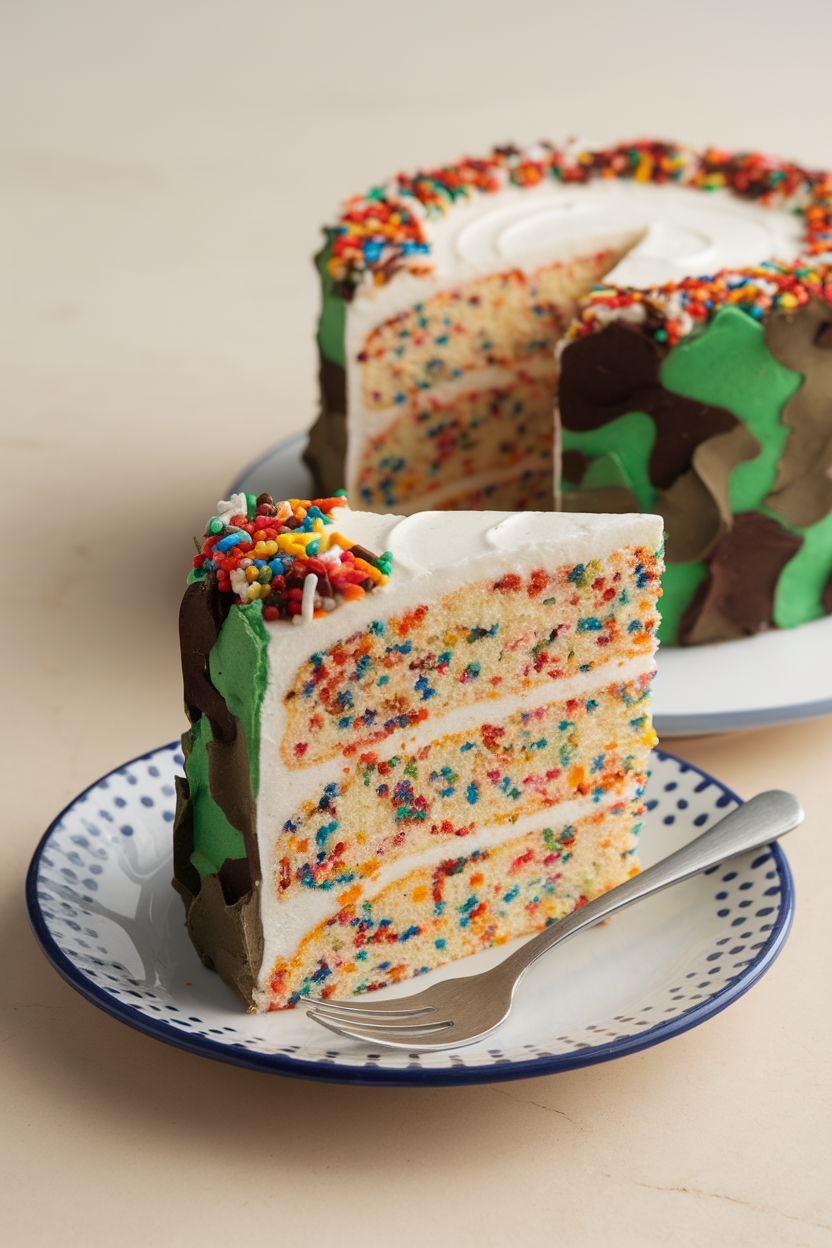 A slice of white funfetti cake indoors, colorful sprinkles throughout and camouflage-patterned buttercream on the exterior. Photo only, no text or logos.