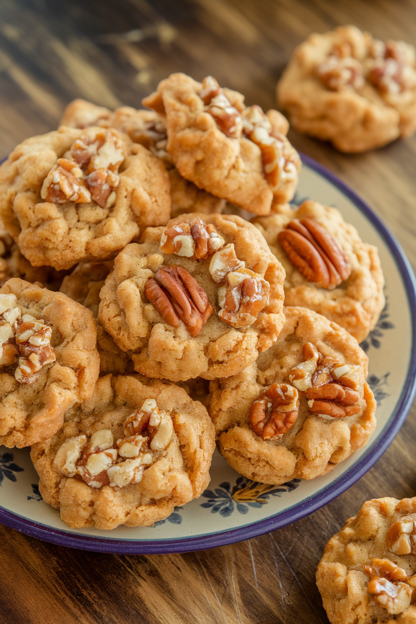 Indoor close-up of chewy toffee pecan cookies arranged casually on a ceramic plate, toffee bits visible. No text or logos.