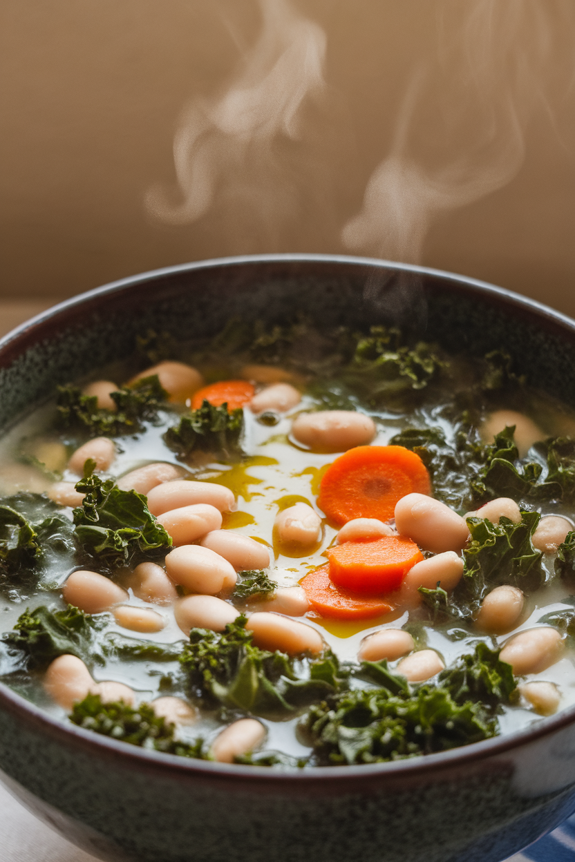 An indoor dining table photo of a deep bowl of white bean and kale soup with visible carrots and a drizzle of olive oil on top, steam gently rising, no text or logos.