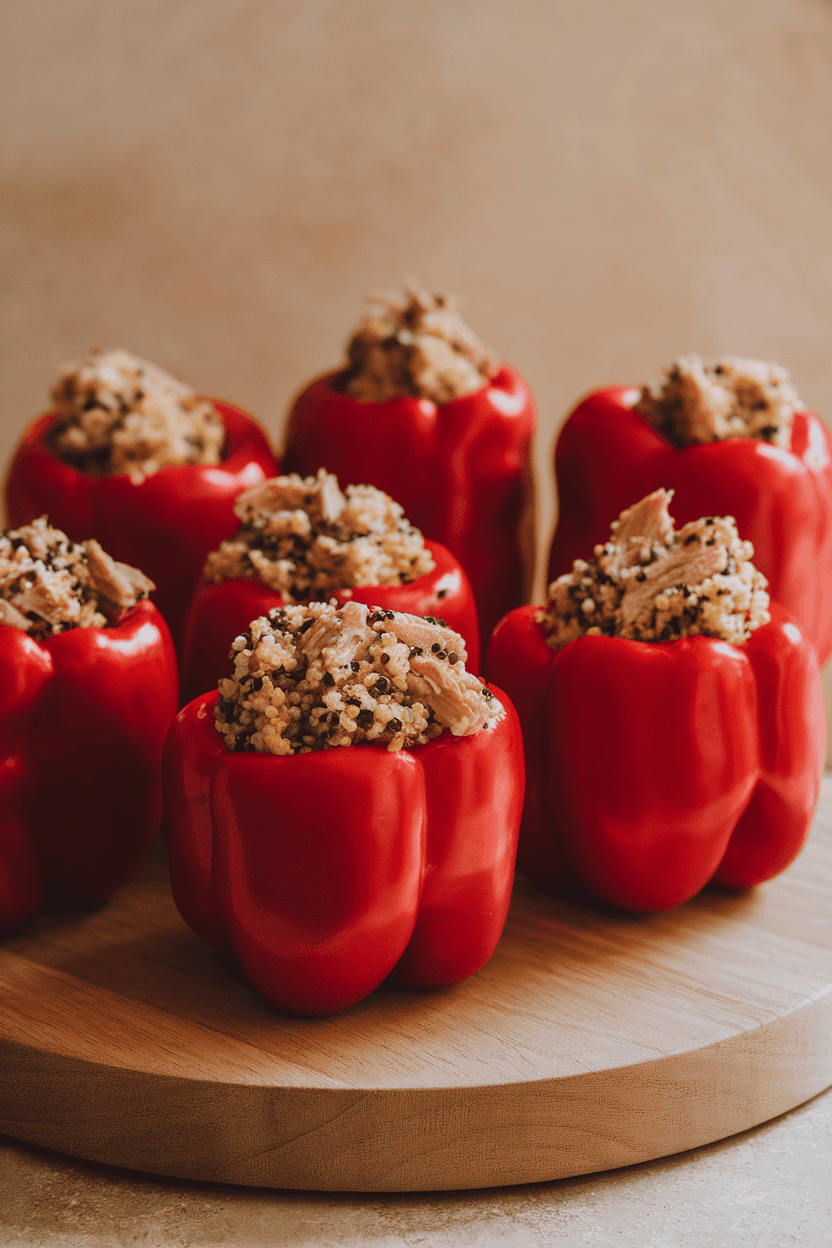 Photo of red bell peppers standing upright indoors, filled with quinoa and tuna mixture, no text or logos.