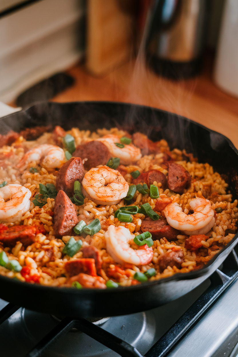 Skillet filled with cooked jambalaya—rice, sausage, chicken, and shrimp—steaming on an indoor stovetop. No text or logos. Photo.