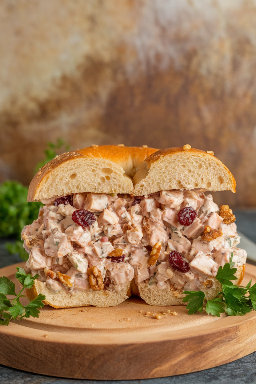 Indoor deli-style photo of a split bagel layered with chicken salad studded with dried cranberries and crunchy walnuts. No text or logos.