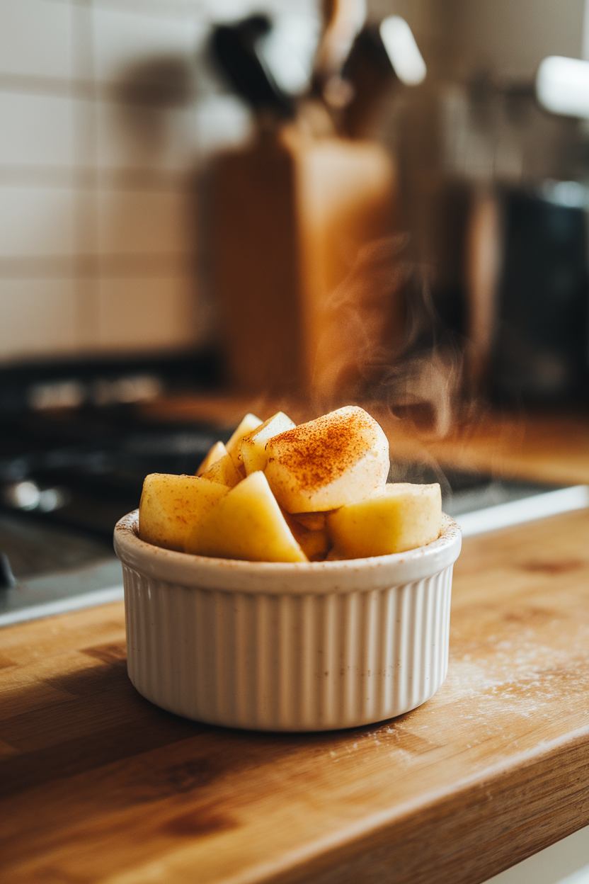 Indoor countertop with a ramekin of soft stewed apple chunks dusted lightly with cinnamon, steam visible. No text or logos; photo only.
