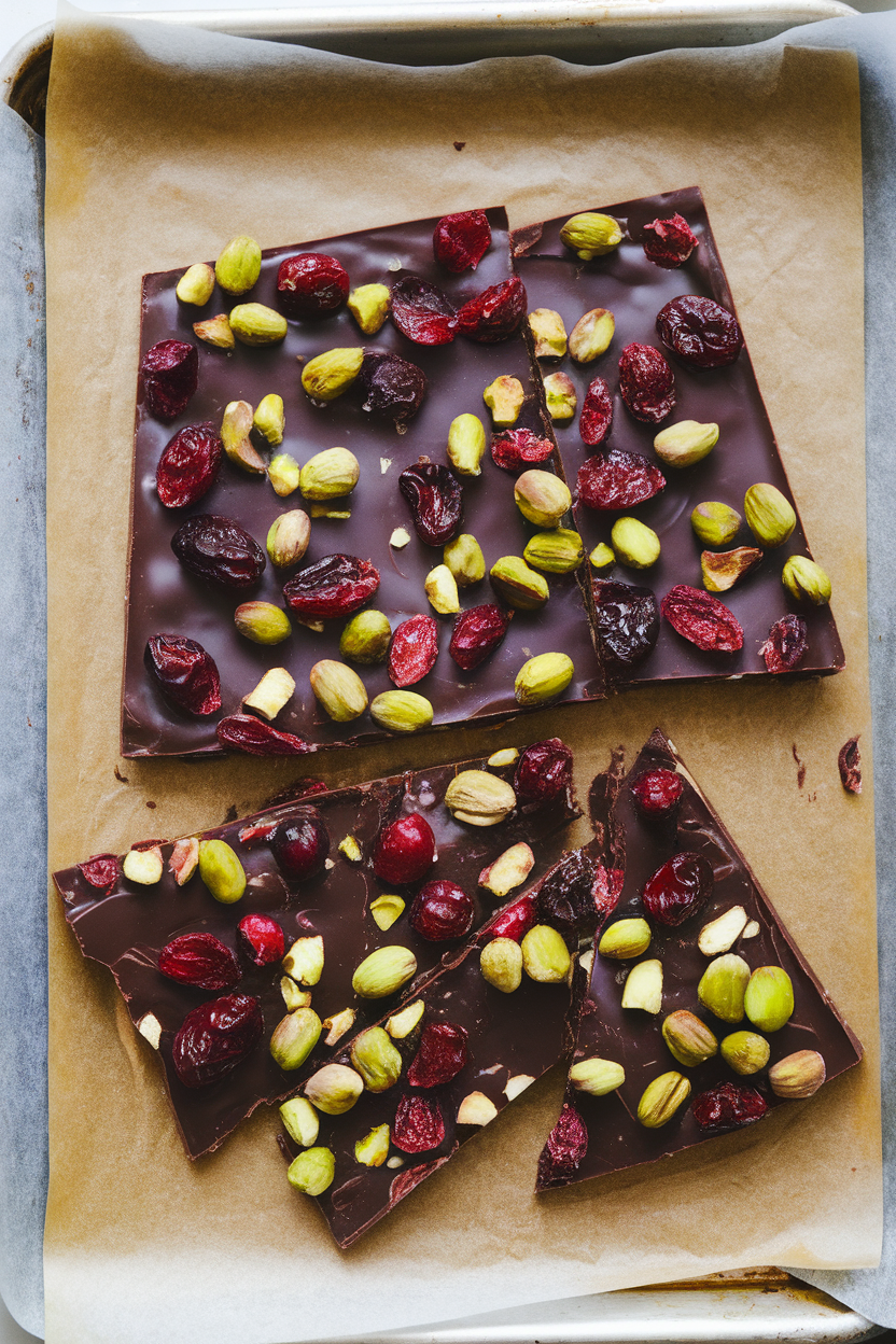 An indoor baking sheet covered with parchment displaying a slab of dark chocolate bark studded with dried cranberries and green pistachios, chunks broken off. No text or logos.