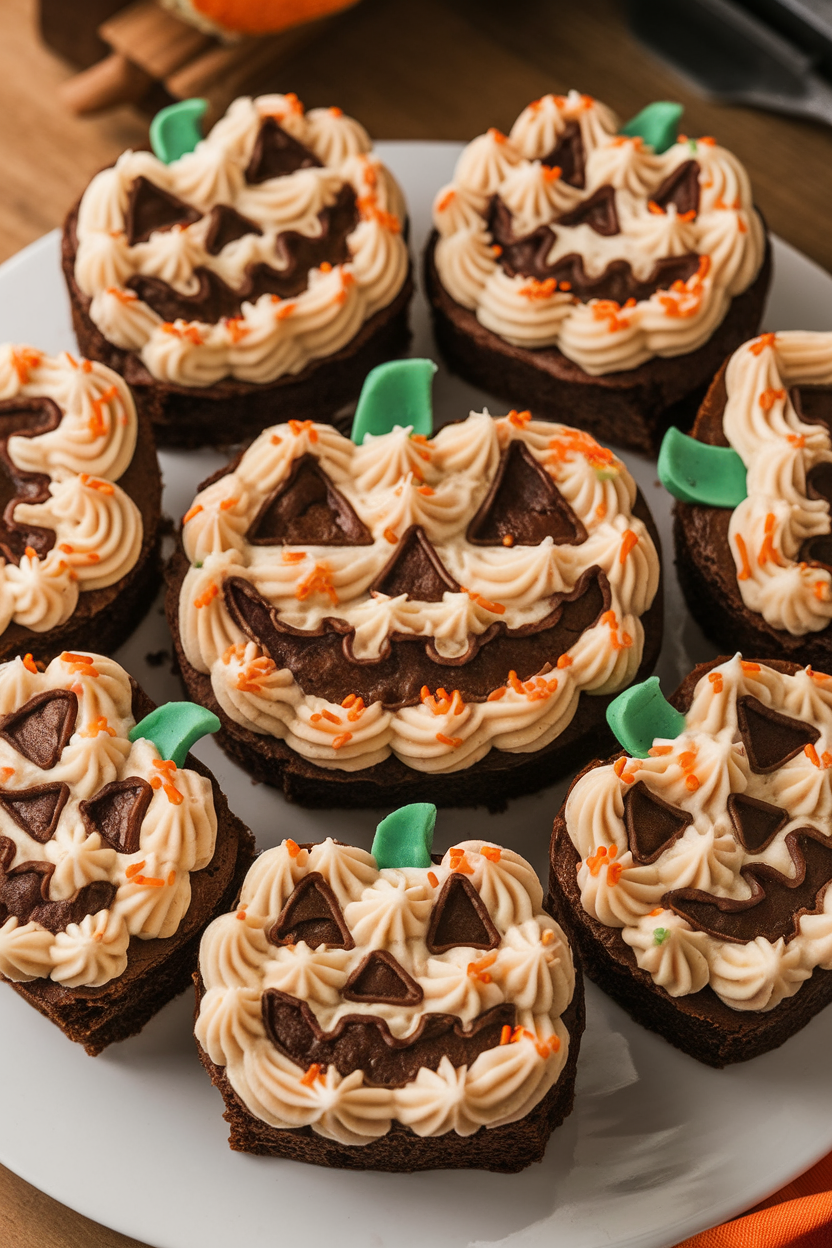 Indoor shot of pumpkin-shaped brownies with butter-rum frosting piped into cheerful jack-o’-lantern grins; no text or logos