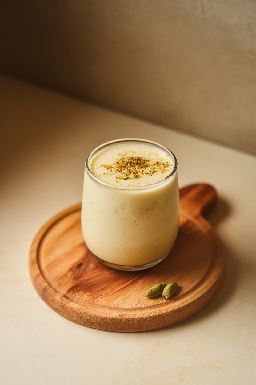 Indoor photo of a chilled glass of creamy mango lassi with a dusting of cardamom on top. No text or logos present.