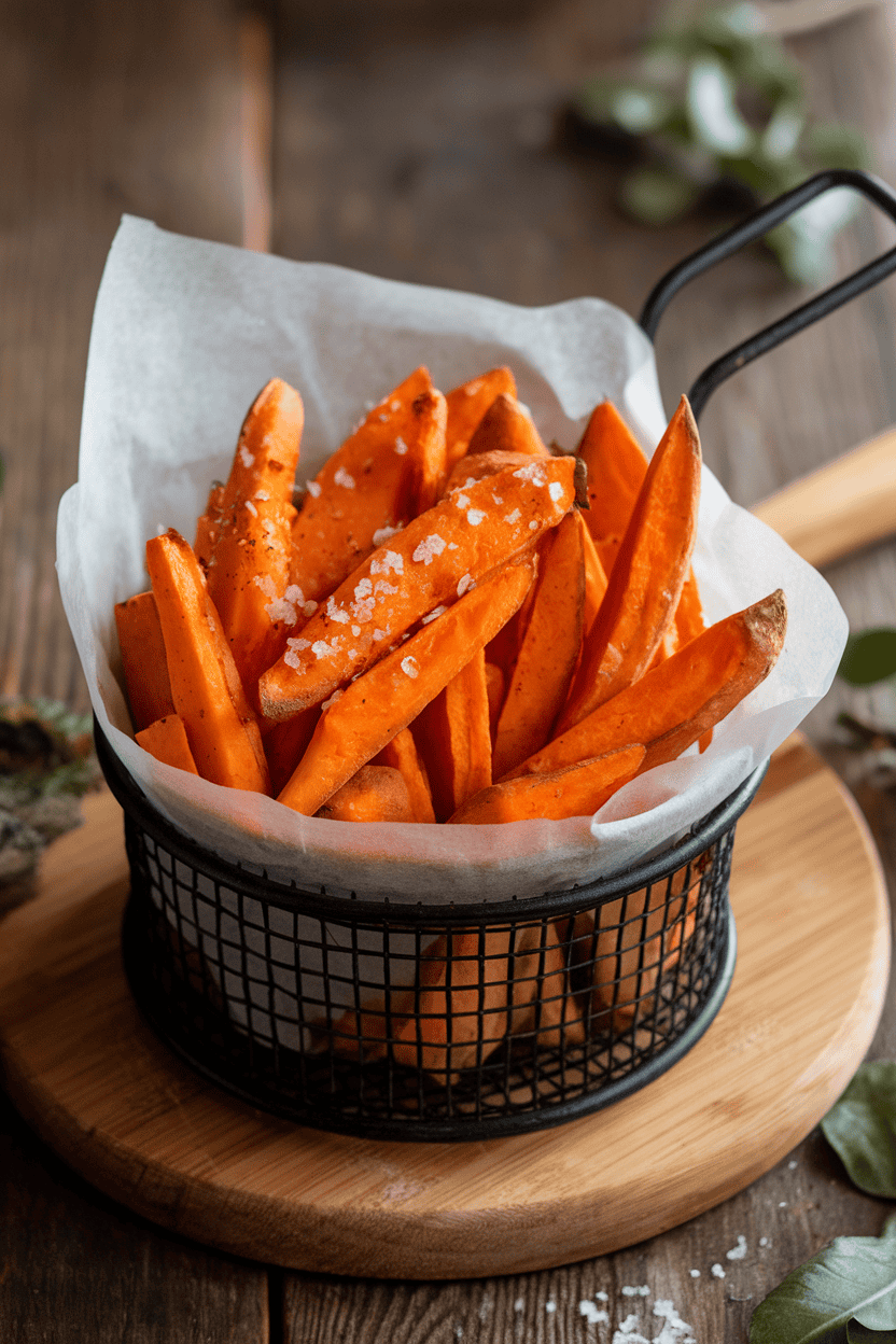 An indoor serving basket lined with parchment filled with baked sweet potato fries lightly dusted with sea salt and paprika. No text or logos; photo only.