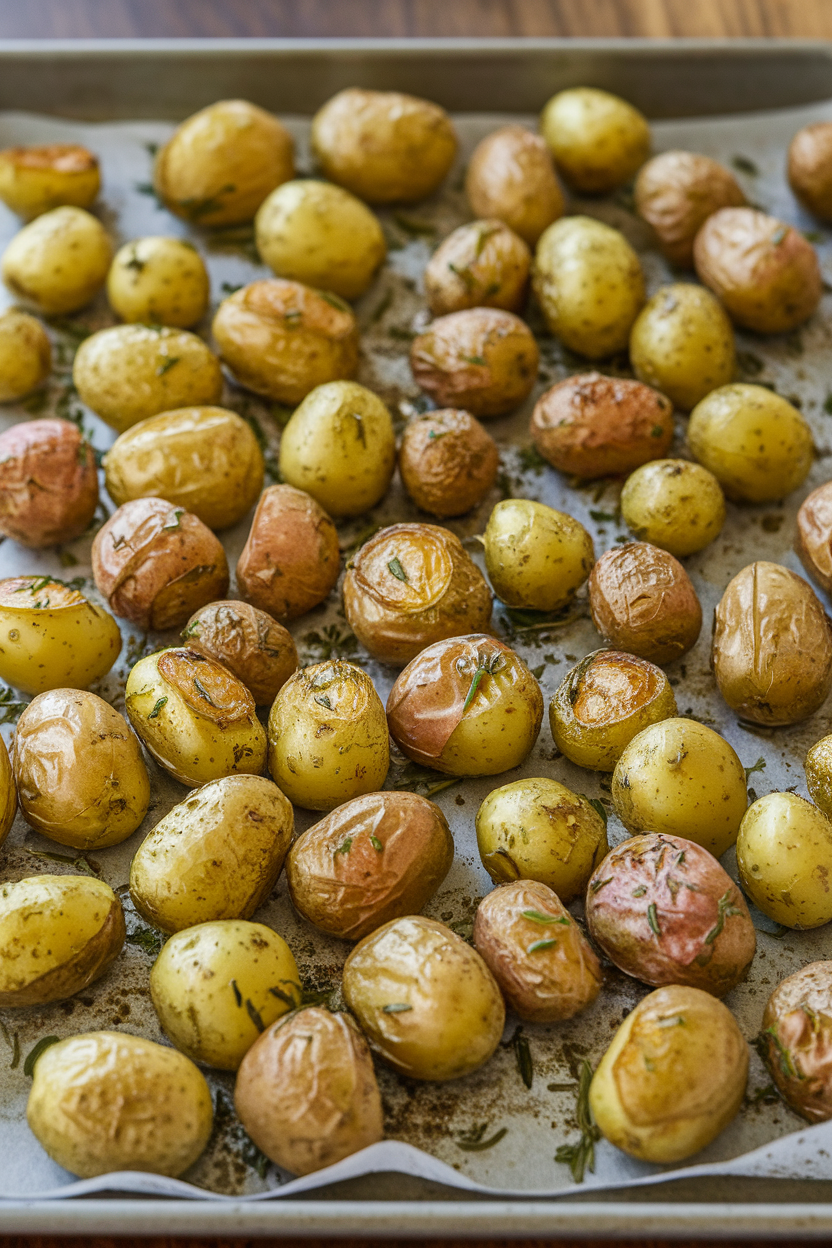 Indoor sheet pan piled with fingerling potatoes roasted till blistered, sprinkled with mixed herbs. Photo, no text or logos.