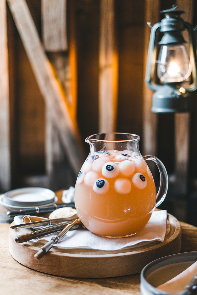 Indoor photo of a pastel peach punch with floating lychee “eyeballs” stuffed with blueberries. No text or logos.