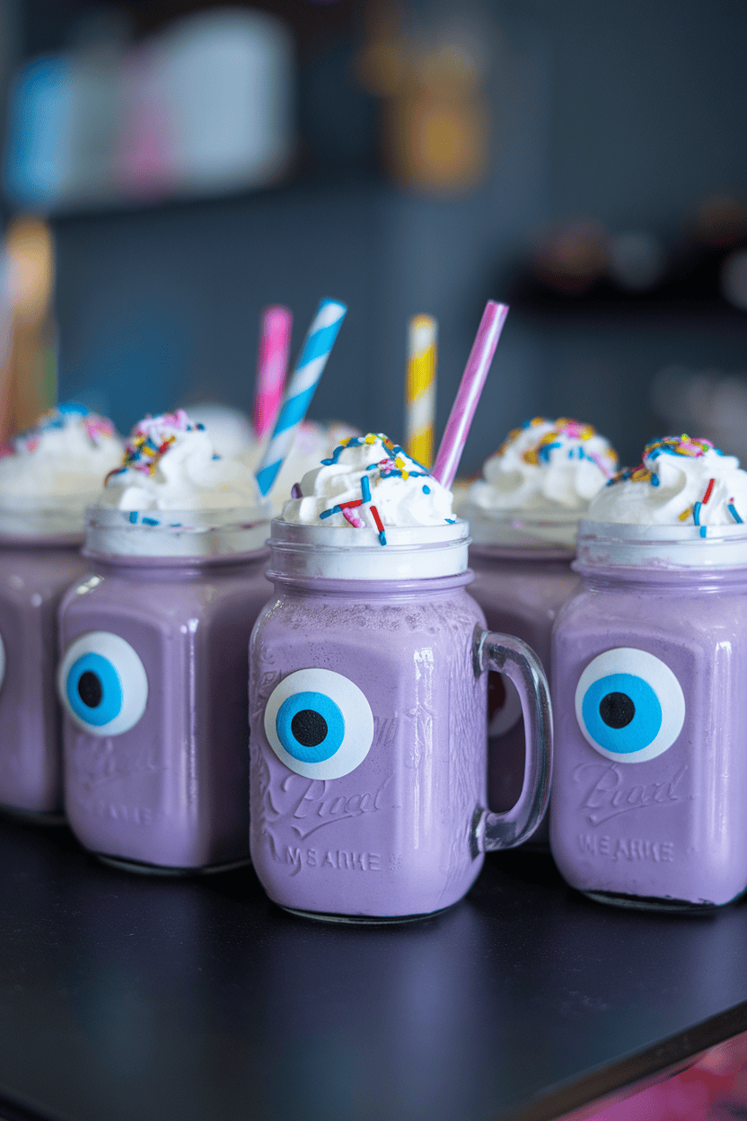 Indoor photo of mason jars filled with purple milkshakes, candy eyes stuck to the glass, topped with whipped cream and sprinkles. No text or logos.