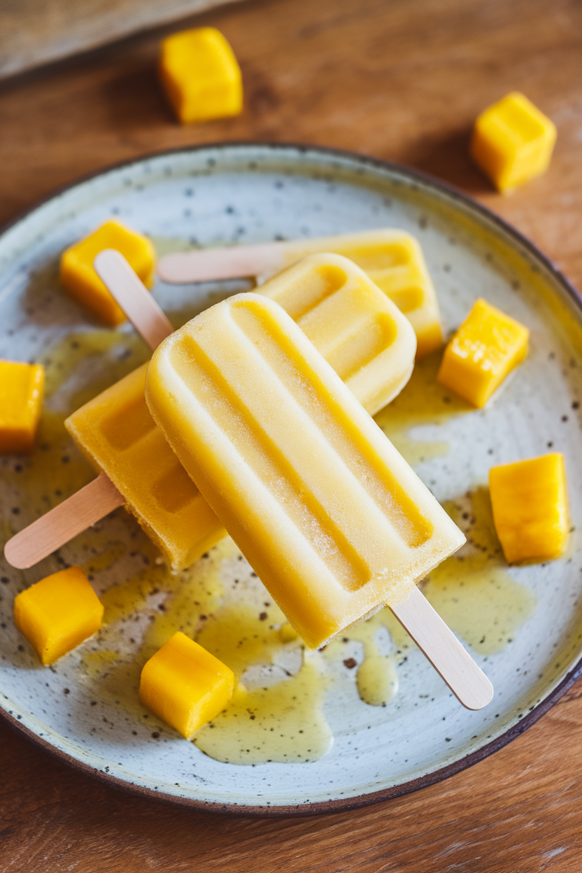 Indoor photo of yellow kombucha popsicles on a ceramic plate with melting droplets, small mango cubes scattered around. No text or logos.