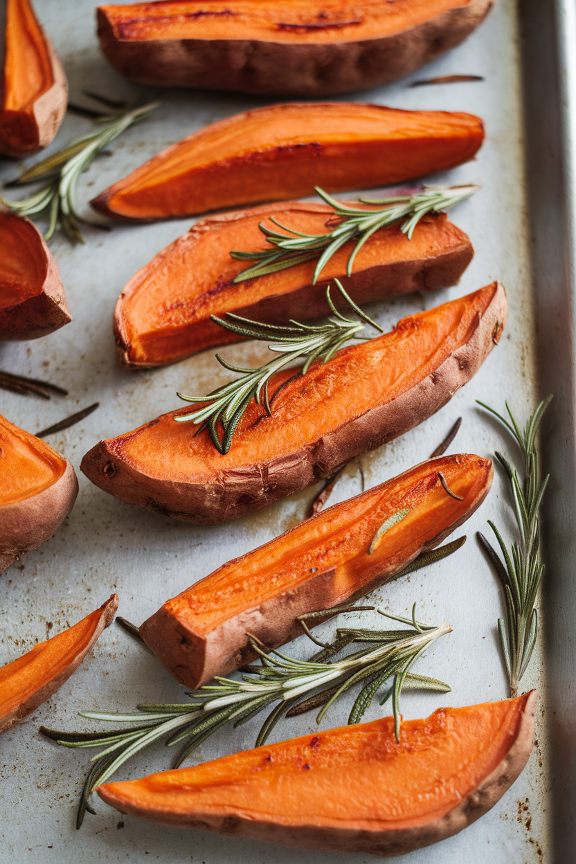 Indoor baking sheet with thick sweet potato wedges roasted to caramelized edges, sprinkled with fresh rosemary. Photo, no text or logos.