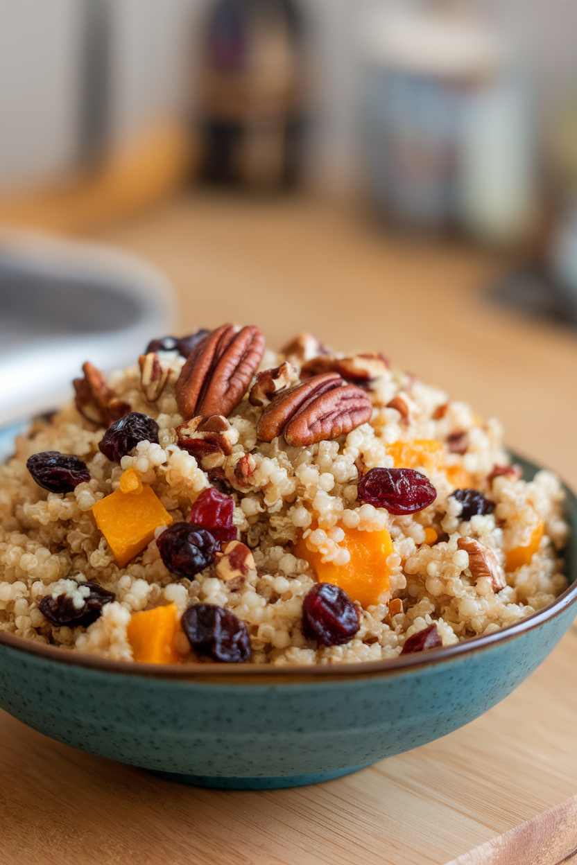 An indoor bowl of quinoa mixed with diced roasted squash, dried cranberries, and chopped pecans, no text or logos. Photo.</Prompt