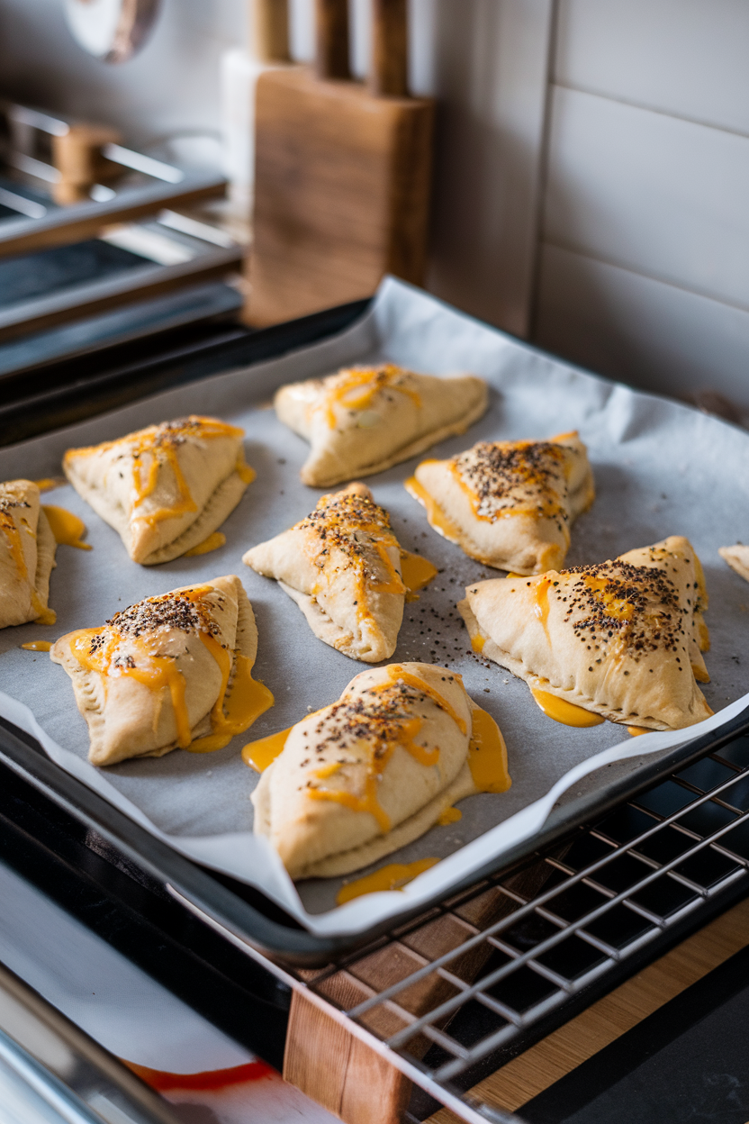 Indoor baking sheet lined with triangular calzones brushed with egg wash and sprinkled with sesame seeds to resemble witch hats. Photo, no text or logos.