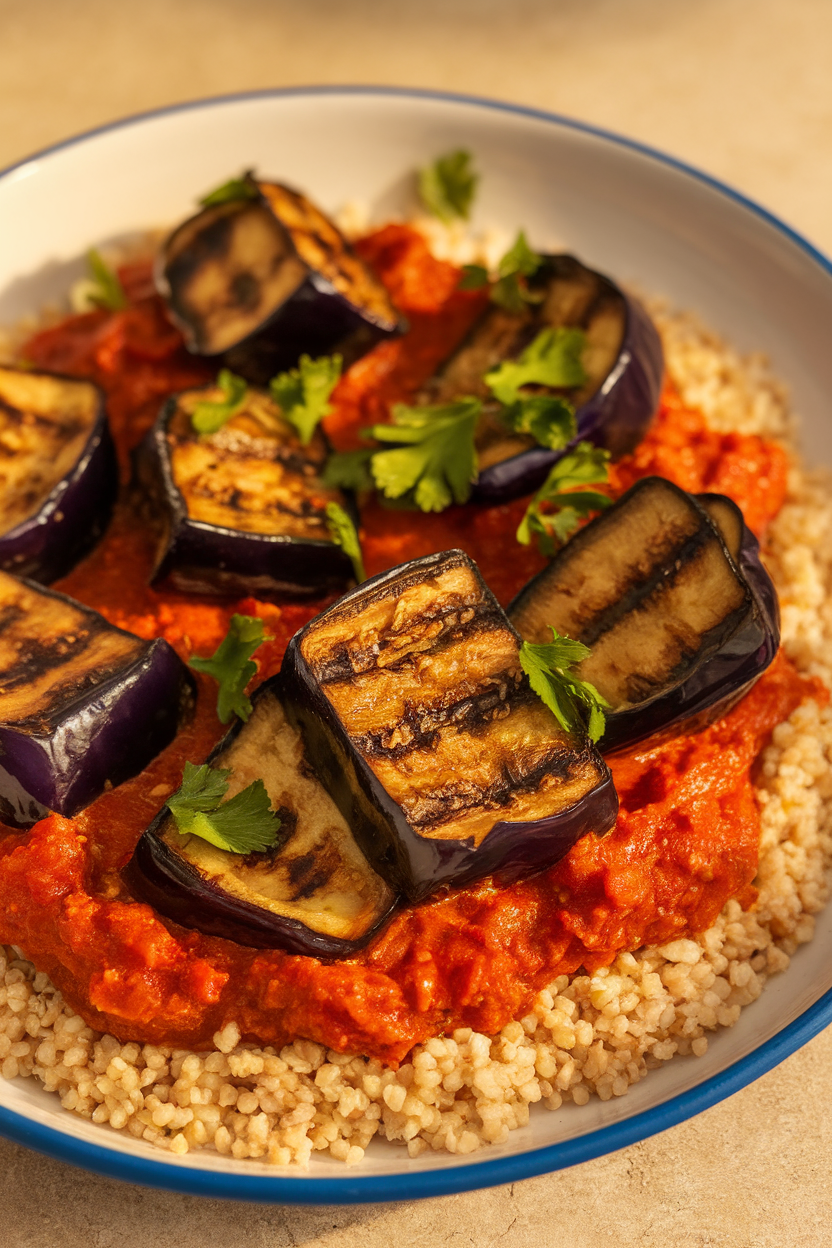 Photo of charred eggplant cubes in spiced tomato sauce over bulgur, garnished with parsley. Indoor, no logos.</p