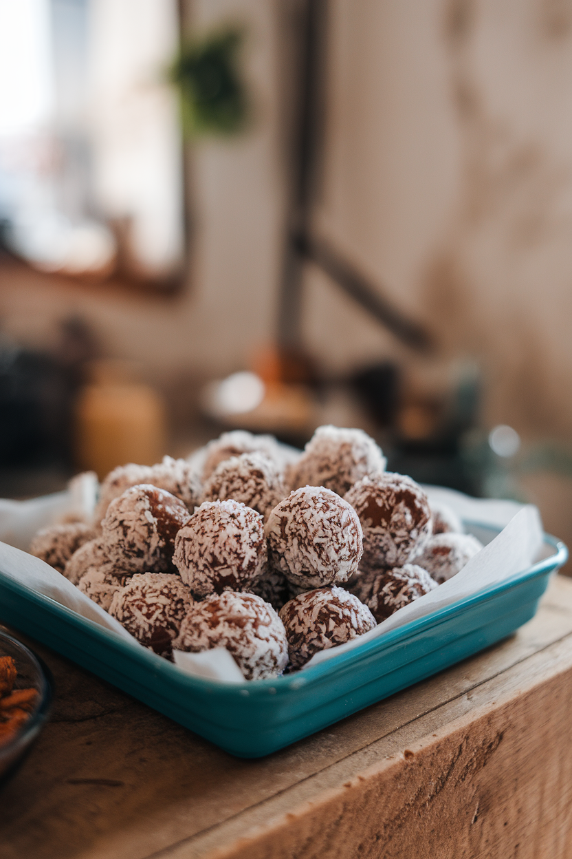 An indoor snack tray holding round chocolate energy bites rolled in shredded coconut, no text or logos anywhere. Photo only.