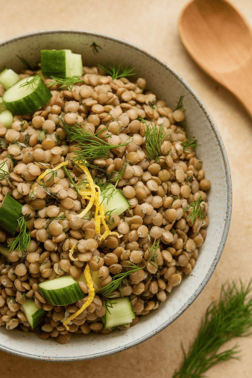Indoor photo of a bowl of green lentils tossed with chopped cucumbers, fresh dill, and lemon zest, no text or logos.